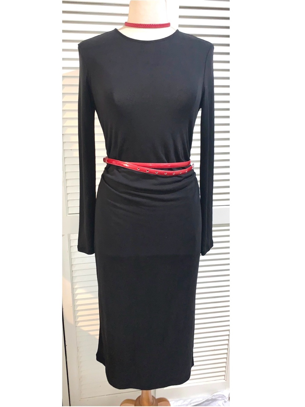 Banana Republic soft luxe black long-sleeve ruched midi dress, with slit Small